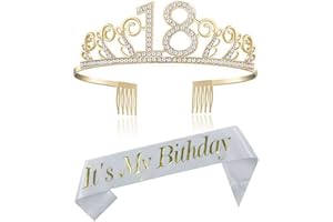REYOK Oro 18 Anni di Compleanno Donna Tiara Birthday Corona 18 Compleanno Glitter Bianca Gold “Its My Birthday” Sash per Feste di Compleanno o Torte di Compleanno Decorazion