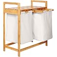 Lumaland Panier à Linge Bambou 2 Compartiments - 73cm Avec Sacs Extensibles - Beige/Gris