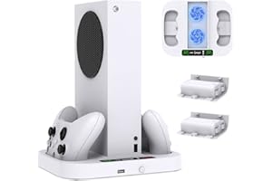 AUARTE Soporte de cargador para Xbox Series S con ventiladores de refrigeración ajustables de 3 niveles, estación de carga dual con batería recargable de 2 x 1400 mAh para Xbox Series XS controlador con