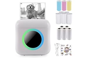 ROADTIME Mini Photo Printer with 7 Colour Light, Portable Thermal Printer Compatible with iOS & Android, USB Rechargeable Pocket Printer with 1 Sticker and 13 Rolls of Printing Paper (White)