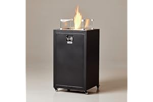 REALGLOW Firecube Gas Fire Pit - 10KW Steel Patio Heater with Wind Guard, Glass Rocks - Heating Fire Pits for Garden with Hose, Regulator, Electric Switch - Portable Outdoor Burner - Black, 50x50x97cm