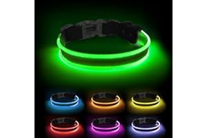 PCEOTLLAR Light Up Dog Collar, Rechargeable Flashing Dog Collar for Night, LED Dog Collar with Light with 7 Colors, Waterproof & Adjustable Glowing for Small Medium Large Dogs-M