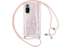 Vauki Funda con Cuerda para Xiaomi Redmi Note 10 Pro 4G/Redmi Note 10 Pro MAX 6.67”, Glitter Brillante Carcasa con Correa, Silicona Transparente Case con Ajustable Collar, Rígida PC Cordón Caso, Rosa