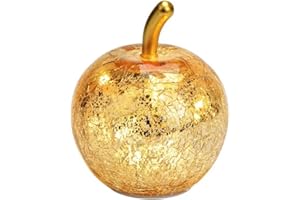 Seyila Home Dekorative Glas Apfel Leuchte mit LED Beleuchtung und Timer (unten), Crackle-Effekt Glas, Goldener Stiel, Weihnachtsdeko, Lampe (Gold, 11 cm)