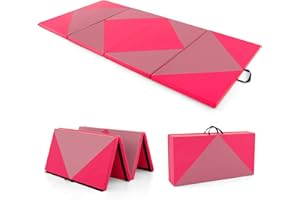 GOPLUS Tapis de Gym Pliable, 240x117x5CM, 4 Plis & Poignée Latérales pour Transport, Tapis Gymnastique en Cuir Imperméable, Attaches Auto-agrippantes pour Gym, Yoga, Fitness