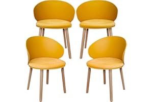 LEWE Pack de 4 Sillas de Comedor, Silla de Conferencia, Respaldo Curvado, Asiento Tapizado con Vellón Holandés, Silla con Reposabrazos, Respaldo Impermeable, Sillas de Cocina, Madera - [Amarillo]