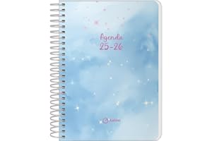 Q Kalon - School Planner 2025 2026 - Day per Page, A6 Size (12x17 cm), Spanish and English, September to June, Spiral Binding, Flexible Cover with Protective Plastic - Sky