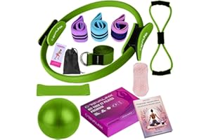 Revalinx Kit Pilates Casa 9pcs, Conjunto Yoga Pilates con Aro Pilates Mujer, Pelota Yoga, Bandas Resistencia, Correa, Elástico, Calcetines Antideslizantes, Accesorios Pilates Mujer