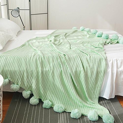 kivie Reversible 100% Cotton Knit Throw Pompoms Fringe Solid Hypoallergenic Blanket (mint, 39"x59"(100cm x 150cm)