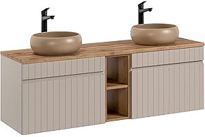 MUEBLES SLAVIC Mueble de Lavabo Doble 140 cm Iconic Cashmere, Mueble de Lavabo Colgante, encimera Roble, Color Beige (con encimera)