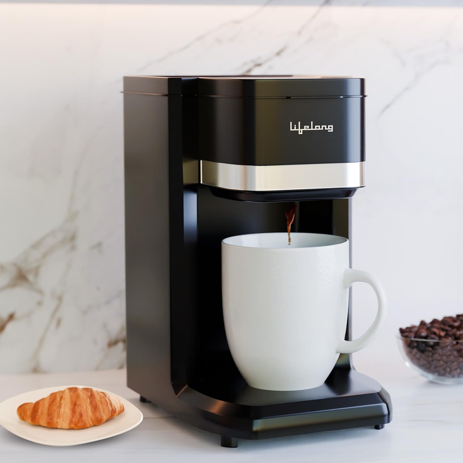 Lifelong Single Cup Coffee Maker- 350 W Coffee Machine for Single Serve, Rapid Coffee Brewer Technology with 125ml Ceramic Cu