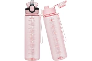 Seekua Sport Tritan Gourde 1l avec Paille & Marqueur de Temps, Motivation Bouteille d'eau sans bpa reutilisable pour Running, Gym, Fitness, 2 Couvercles, 1 litre