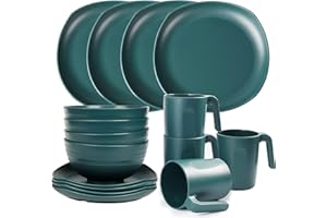 Greentainer Unbreakable Plastic Dinnerware Sets, 16 pcs Lightweight Camping Tableware Set, Microwave & Dishwasher Safe Plates Set, Bowls, Cups Mugs, Service for 4, Great for Kids & Adults - Green