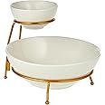 Bone China Shallow Chip and Dip Serving Set, 2 Tier Chip and Dip Bowls with Stand,, White/Gold, DY20481-NG
