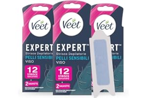 Veet Expert Strisce Depilatorie Viso, Ceretta per Pelli Sensibili con Olio di Mandorla, Dermatologicamente Testate, 3 confezioni da 6x2 strisce + 6 Salviette Post-Epilazione con Olio D'Argan