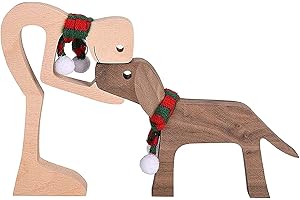 PELINUAR Holzskulpturen, handgefertigte Akzente, Bastelfigur, Familien-Welpen, Holzschnitzerei-Ornamente, schönes Massivholz, Haustier-, Hunde- und Familien-Handwerks-Skulptur (Man und Hundeschal)