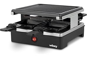 Appareil à Raclette & Grill 4 Personnes LUGA40 Wëasy, Plaque Grill amovible Facile à Nettoyer, 4 Poëlons avec Revêtement Antiadhésif Compatibles au Lave-vaisselle, Noir, 600W