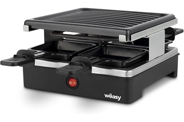Wëasy Appareil à Raclette & Grill 4 Personnes LUGA40, Multifonctions, 4 Poëlons avec Revêtement Antiadhésif, Compatible Lave-Vaisselle, Noir, 600W