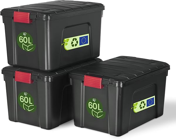 Iris Ohyama, große Kunststoff-Aufbewahrungsbox, 60 l Garagen-Aufbewahrungsbox, 3er-Set, SIA-60, schwarz, stapelbar, Verschlussklammern ? B59 x T39,5 x H35,5 cm - 1