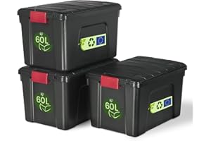 Iris Ohyama, Caja de almacenamiento de plástico grande, Caja de almacenamiento de garaje de 60 l, Lote de 3, SIA-60, Negro, Apilable, Clips de cierre- A59 x F39,5 x A35,5 cm