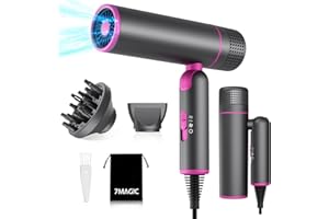 7MAGIC Travel Ionic Hair Dryer, Lightweight Foldable Blow Dryer with Diffuser for Curly Hair & Constant Temperature Care, Anti-Hair Suction Technology Hairdryers for Women, Gray