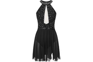 Oyolan Femme Robe Patinage Artistique Justaucorps Gymnastique Danse Strass sans Manches Tenue Spectacle Costume S-XXL