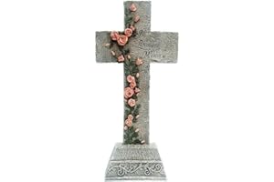 Kingdom Supplies Biblegifts 32cm Standing Grave Cross In Loving Memory Stone Look Resin Ornament Pink Climbing Rose Boxed Gift