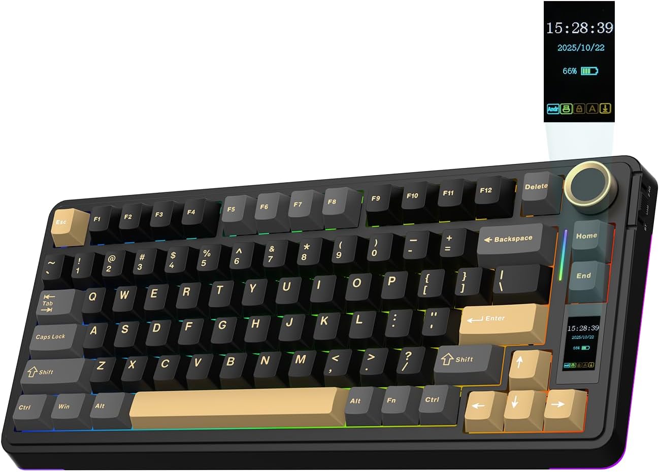 EPOMAKER X Aula EA75 MAX Teclado Mecánico Inalámbrico para Juegos con Pantalla y Perilla, 5000mAh, Hot-Swap, RGB, Teclas PBT,Gasket Suave, Teclado Mecánico del 75%,Formato US (Negro, Silent Switch)