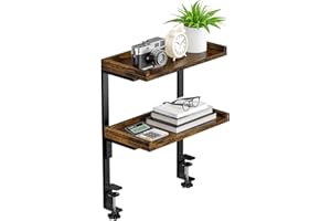 THYGIFTREE Clamp On Desk Shelf 2-Tier, Wood Shelving Unit for Office Gaming Accessories, Tabletop Book Storage Rack, Shelf for Top of Desk, Brown (Brown)
