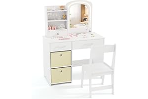 LIFEZEAL Toaletka LED dla dzieci, toaletka dziecięca z krzesłem, lustro do makijażu z 2 kolorami światła, stolik dziecięcy dla dziewczynek od 3 lat, kolor biały