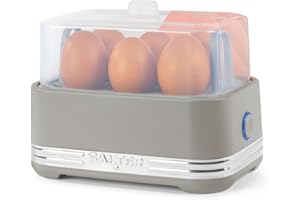 Salter Rise Egg Cooker - Poach, Soft or Hard-Boil up to 6 Eggs, 400W, 2 Poaching Trays, Measuring Cup & Removable Rack, Easy-Storage, Compact Matte Grey Design with Indicator Light