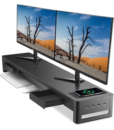 Support Moniteur Bureau 100x24x13 Cm - Rehausseur écran Avec étagère, Pour 2 écrans, Organisation - 8