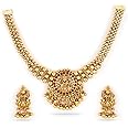 Rubans 22K Gold-Plated Handcrafted Temple Artificial Jewelry Set-Stone Studded with Gold Beads and Matching Earrings For Women and Girls-Lakshmi Motif Perfect for Weddings and Special Occasions