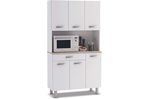 ABITTI Mueble Auxiliar Cocina, Armario Cocina, Alacena Cocina Buffet 6 Puertas Blanco y Roble Acacia 101x185 cm