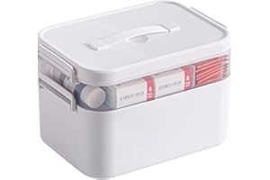 Gifhomfix 2-Tier Portable Medicine Storage Box, Medical Boxes with Handle and 1 Removable Tray, Plastic First Aid Box Empty, First Aid Storage, Medical Organizer with 3 Compartment, for Home, School