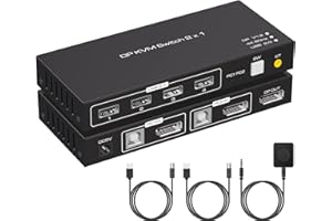 TJCXELE 4K60Hz DisplayPort KVM Switch 2 PC 1 Monitor USB 2.0 Switch KVM, con 4 Porte, adatto per Mouse, Tastiera, Stampante, U-Stick, fornito con cavi USB A-B
