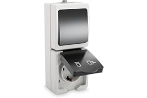 ABSINA Combinazione di presa e interruttore in superficie IP44 - Presa con contatto di protezione in superficie e commutatore per ambienti umidi - Presa con contatto di protezione 250V 16A