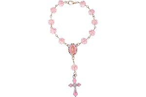 MIKOVIVI Car Rosary for Rearview Mirror Hanging, Rosemary Pendant Beads Cross Religious Ornament Accessories with Catholic Charms Ideal Baptism First Communion Wedding Decoration for Men & Women (Pink)