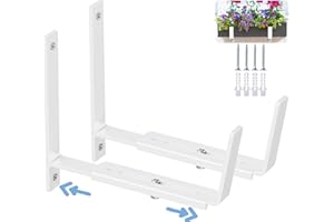 HFHOME 2 PCS Adjustable Planter Box Brackets (6 to 12.5 in), Universal Window Box Brackets, Heavy Duty Metal Flower Box Wall Mounting Hooks for Balcony, Fences, Patio, and Garden - White