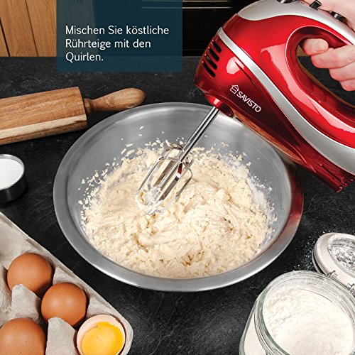 Savisto 300W Elektrisches Handmixer mit Quirl, Knethaken und Schneebesen Aufsatz – 5 Geschwindigkeitsstufen und Turbotaste Handrührgerät – Rot / Grau - 5