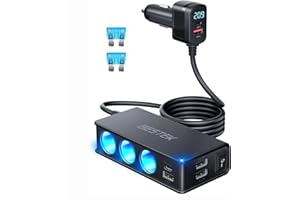 BESTEK Cargador Coche USB C PD 30W Carga Rápida, Adaptador Mechero 12V/24V 3 Tomas 6 Puertos Pantalla LED