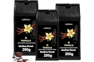 CAFFÉLUXE Caffeluxe - Vanilla Flavoured Ground Beans -100% Arabica Beans - Naturally Flavoured Beans - Filter Coffee, Mocha Pot, Coffee Machine - 3X 250g Per Bag