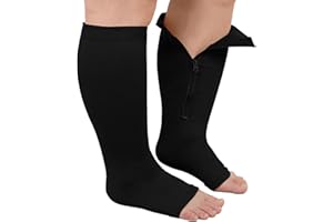 ZFSOCK Calcetines Compresion Mujer Hombre: Medias de Compresión Tallas Grandes Cremallera Pantorrilla Ancha Punta Abierta para Obesas Embarazada Venas Varicosas Deportes 20-30 mmHg 1 Par