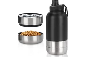 AXVRAV Dog Drinking Bottle for On the Go 950 ml - Insulated Stainless Steel Dog Drinking Bottle Water Bottle with Food Bowl & Water Bowl, Portable Dog Bottle BPA-Free for Travel Walking & Outdoor (Black, L)