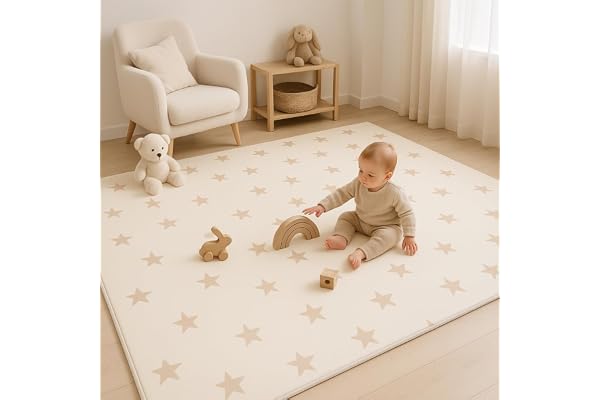 Bubba Bear Tapis d'eveil de Jeu/de Sol pour Enfant Bebe XXL en Mousse Epais Pliable Reversible - Tapis d'éveil de Motricité Favorisant Le Développement Sensoriel Cadeau bébé (200x150 cm, Beige)