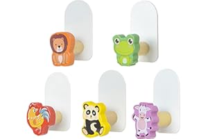 DAWRIS 5Pcs Ganci Adesivi per Bambini, Stampe Animali Appendiabiti Autoadesivi da Parete, Attaccapanni in Legno per Cameretta