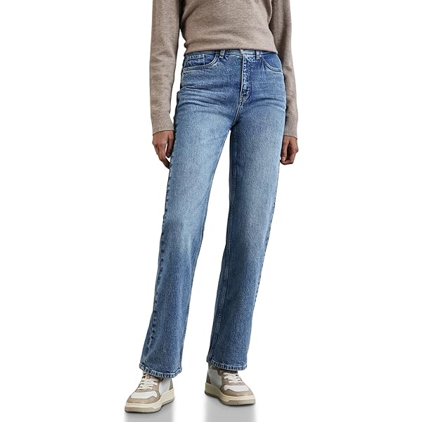 Street One Damesjeans met brede pijpen en klinknagels, Mid Blue Soft Washed, 27W / 28L