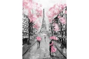 YEESAM Art Peinture Numero Fleurs de Cerisier Roses romantiques Paris Tour Eiffel pour Enfants, Bricolage Peinture par Numero 40x50 cm Acrylique Decoration Murale