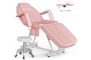 CyyKcc Beauty Bed and Hydraulic Stool, Adjustable 3-Section Massage Table w/Detachable Head Cushion, Professional Salon Tattoo Chair, Facial Lash for Client/Esthetician (Pink)