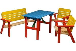 dobar Dziecięcy zestaw mebli do siedzenia ze stołem dziecięcym, ławka do siedzenia i dwa krzesła, wielokolorowy